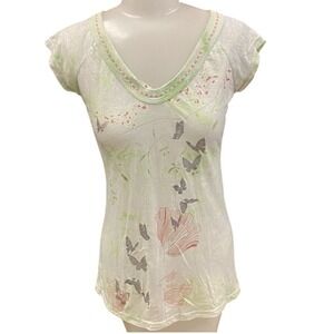 Daytrip Women's Y2K White Green Butterfly Floral V Neck Cap Sleeve T Shirt Top S